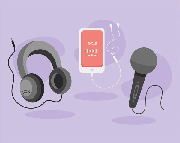 Podcast casque smartphone et microphone — Image vectorielle