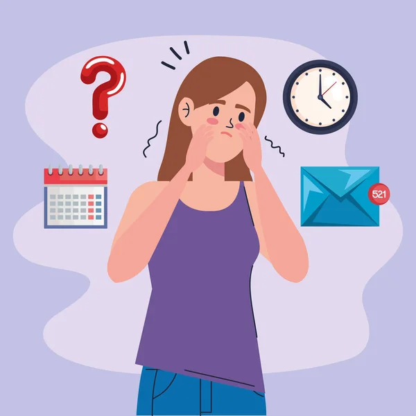 Stressed woman with work icons — Stock Vector