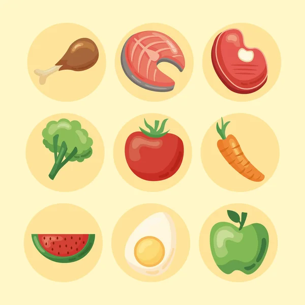 Alimentos saudáveis nove ícones — Vetor de Stock