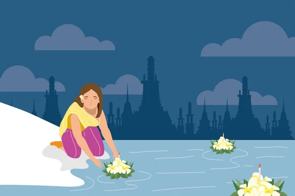 Mujer celebrando loy krathong — Vector de stock