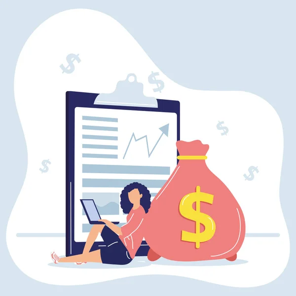 Mujer de negocios con iconos financieros — Vector de stock