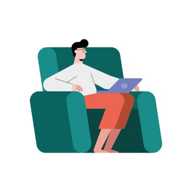 Dizüstü bilgisayarı olan adam sandalyede çalışıyor.