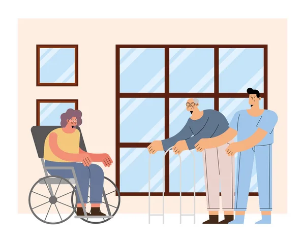 Male nurse with old man and woman — Stock Vector