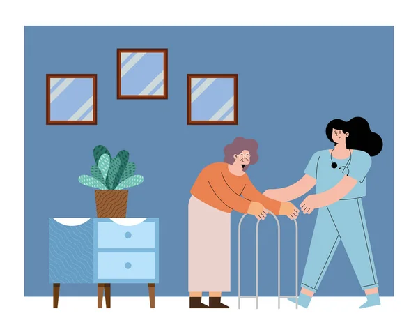 Sjuksköterska och gammal kvinna med rullator — Stock vektor