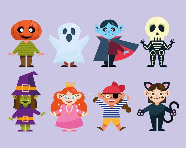 Kinder-Icon-Kollektion mit Halloween-Kostümen — Stockvektor