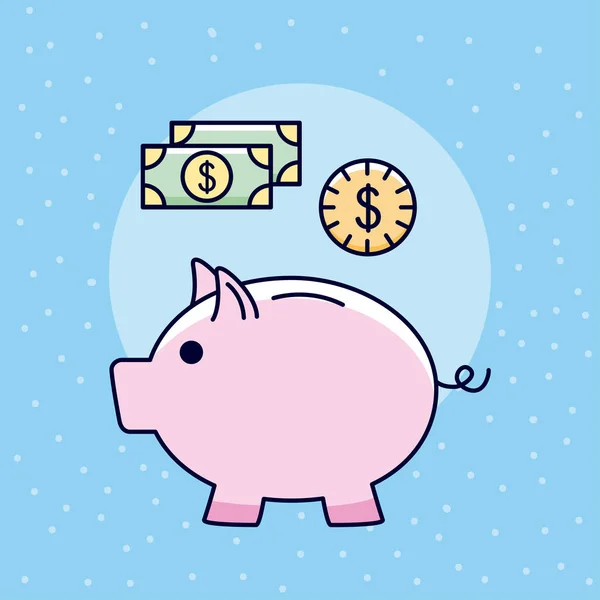 Money piggy bills and coin — Stock Vector