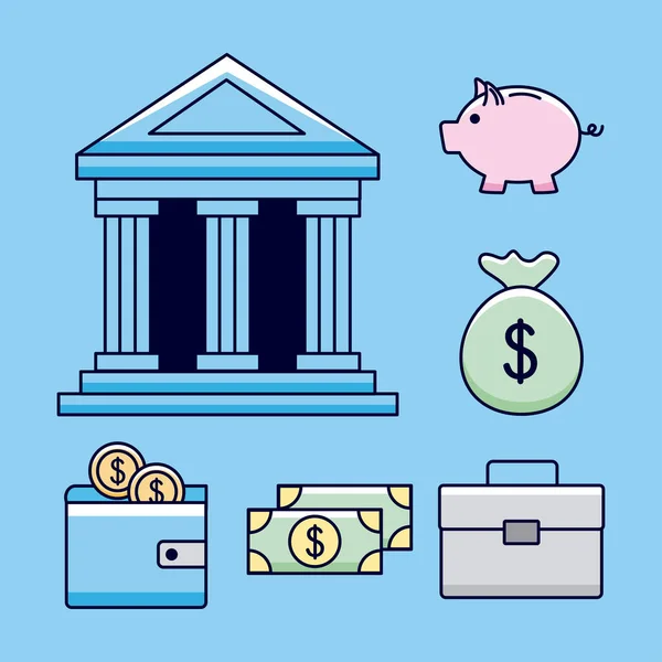 Banca con icone di denaro — Vettoriale Stock