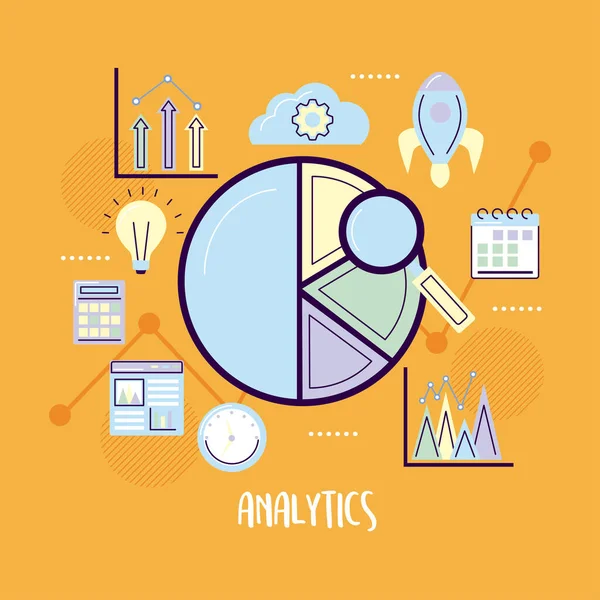 Gráfico circular con lupa e iconos — Archivo Imágenes Vectoriales