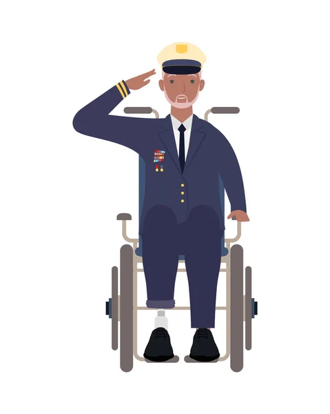 Veteran man with prosthetic leg on wheelchair — Stock Vector