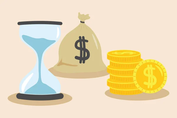 Monedas de bolsa de dinero y arena reloj de arena — Vector de stock