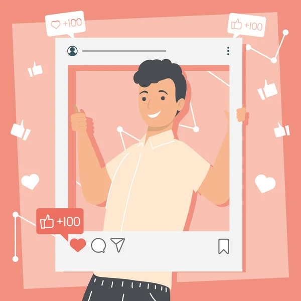 Man in social media beeld met likes — Stockvector