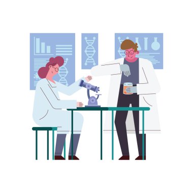 Mikroskobu olan kadın ve erkek bilim adamı