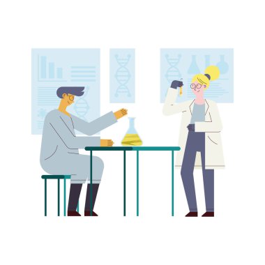 Şişeleri olan kadın ve erkek bilim adamı