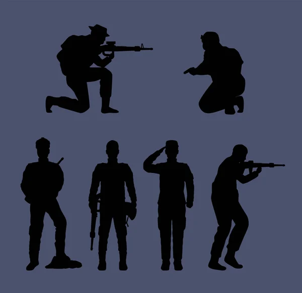 Sei silhouette della squadra militare — Vettoriale Stock
