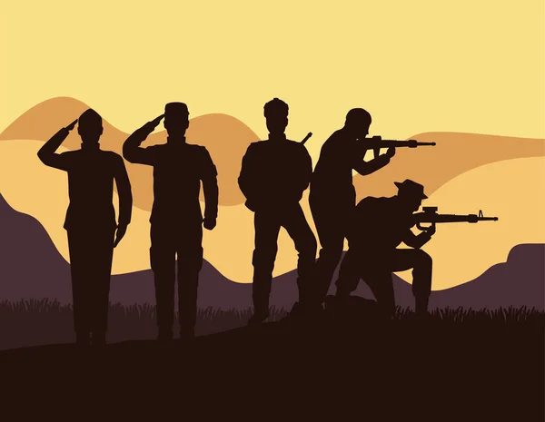 Cinco siluetas militares en el campamento — Vector de stock