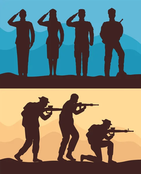 Sette silhouette della squadra militare — Vettoriale Stock
