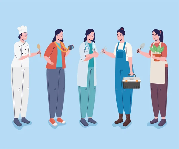 Cinco profesiones trabajadores personajes — Vector de stock