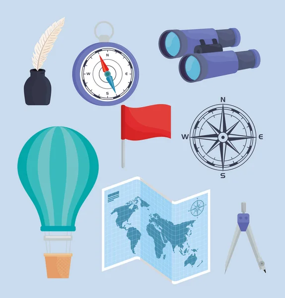 Eight geography supplies icons — Stock Vector