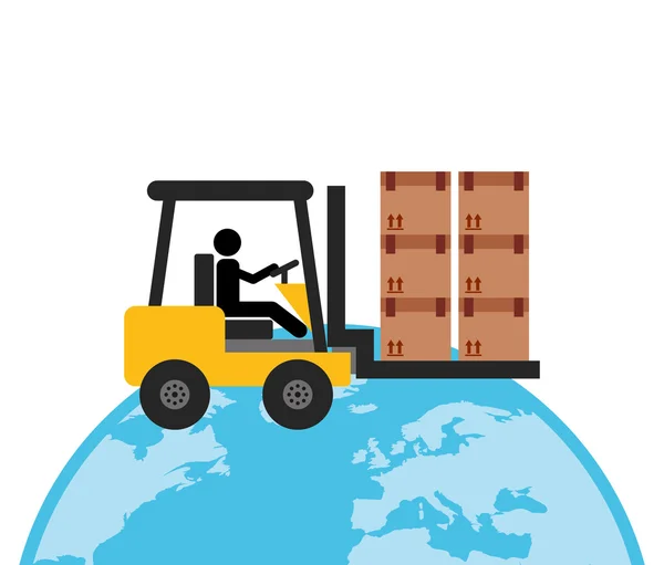 Operador masculino que trabaja en el montacargas. Del almacén. Descarga