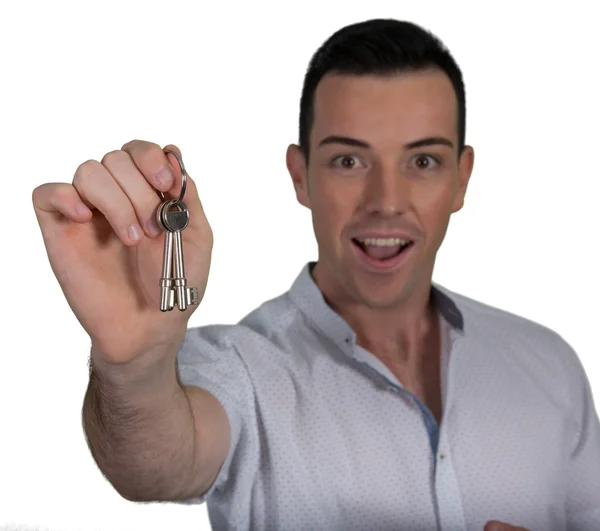 Young Handsome Man with Keys - Isolated — Stock Photo, Image