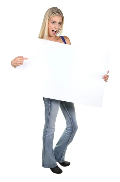 Junge Frau mit Schild überrascht — Stockfoto