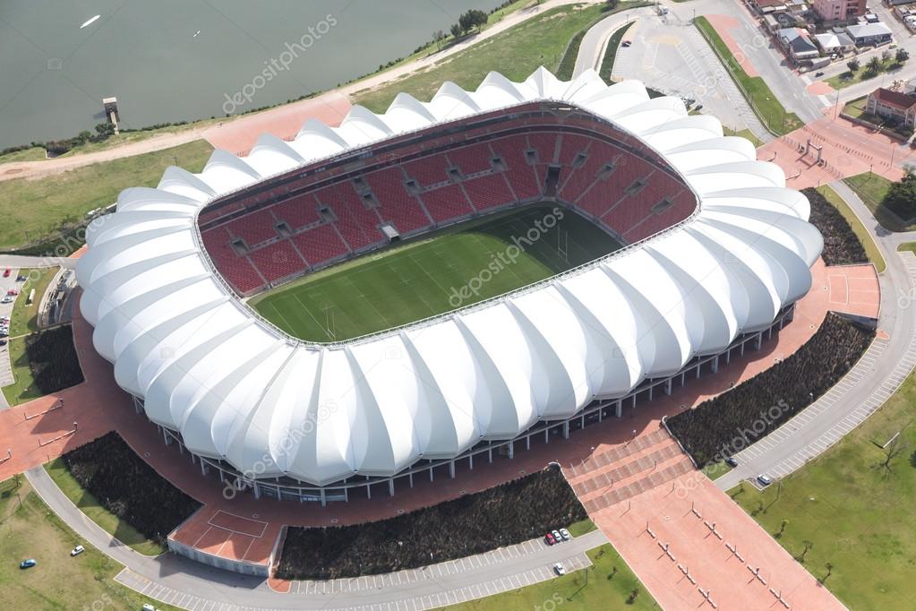 Arial View of Soccer Stadium and Lake
