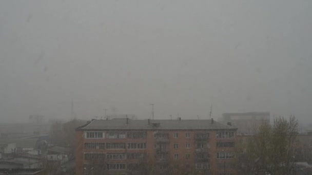 Stadsutsikt med snöfall — Stockvideo