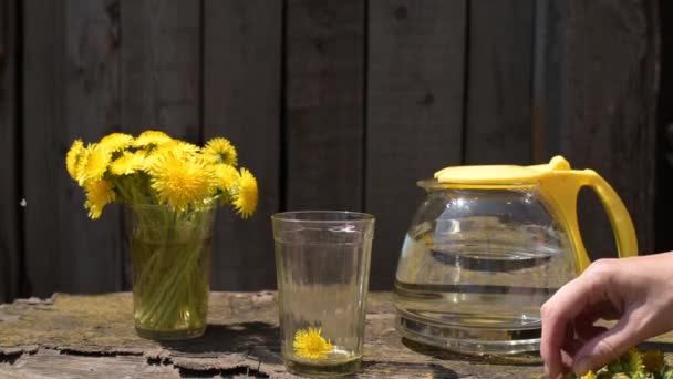 Dandelions bir cam içine koyarak — Stok video