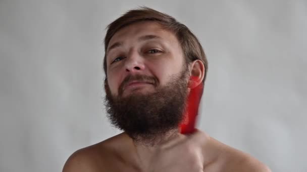 Handsome man brushing his beard — Stock Video