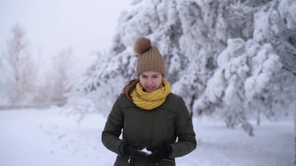 Chica lanzando una bola de nieve — Vídeos de Stock