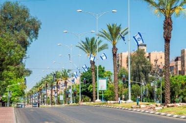 Street decorated with flags for Independence Day.