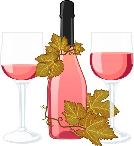 Botella de vino rosa con dos vasos llenos — Vector de stock