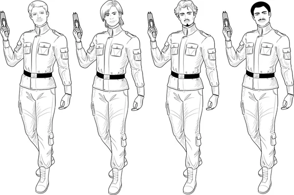 Lineart macho en uniforme militar sostiene taser — Vector de stock