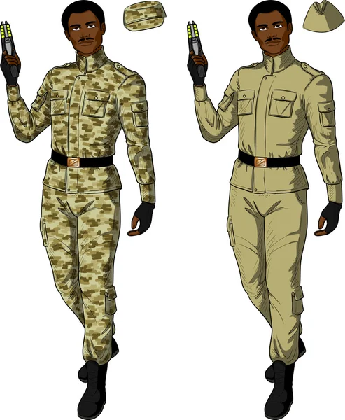 在砂卡其色的非洲男性持有泰瑟枪 — 图库矢量图片