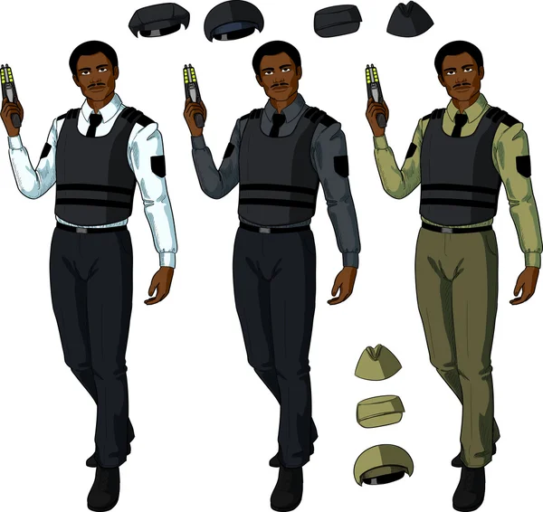 アフリカの男性警察官がテーザーを保持します。 — ストックベクタ