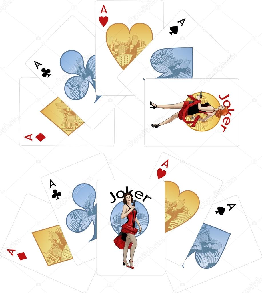 Four aces and Caucasian Joker playing cards noir Mafia set