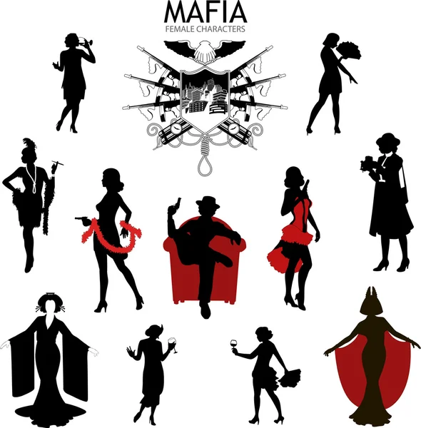 Personajes femeninos Siluetas retro Mafia set — Vector de stock