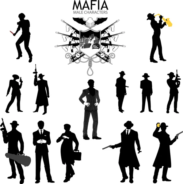 Férfi karaktert sziluettek retro maffia készlet Stock Illusztrációk
