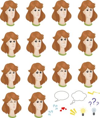 Çizgi film beyaz kadın yüzleri duygusal ifadeleri ile ayarla