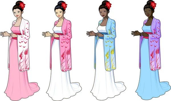 Hermosa mujer en vestido de novia de estilo japonés — Vector de stock