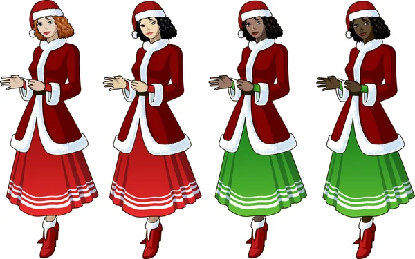 Mujer joven en traje de Navidad con falda larga 4 carreras — Vector de stock