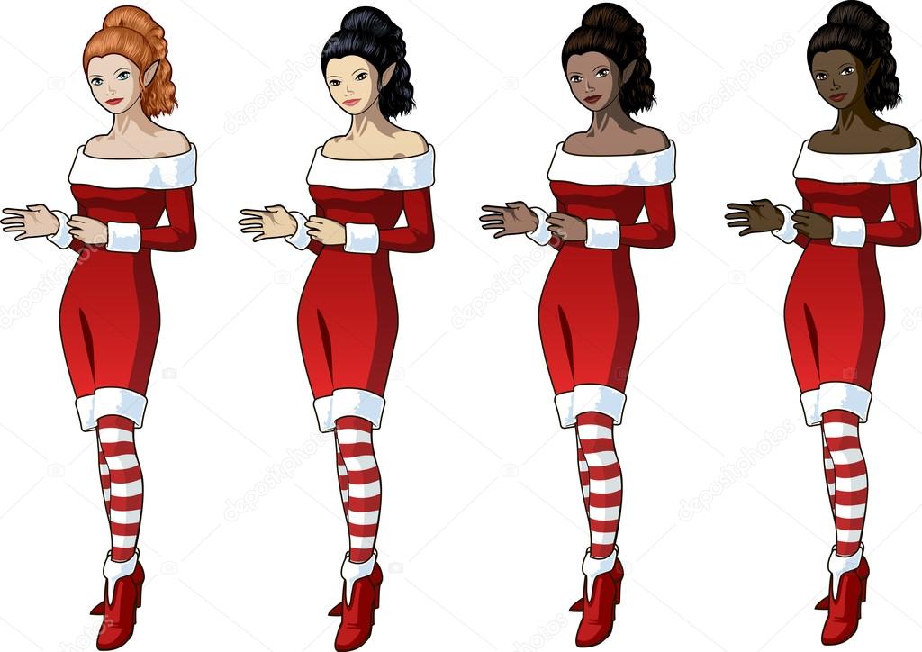 Young woman in Christmas costume elf 4 races