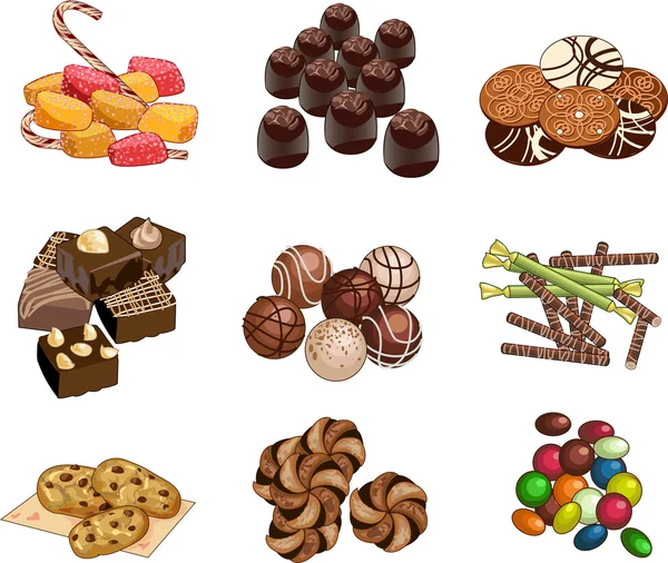 Şeker dükkanı dizi şekerler çikolatalar ve tanımlama bilgileri Stok Vektör