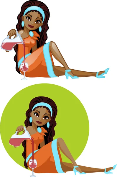 Милая молодая афроамериканка в коктейльном платье, наполняющая бокал — стоковый вектор