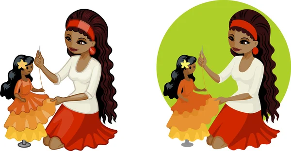 Linda joven afroamericana mujer aficionada vestido de costura para la princesa muñeca — Vector de stock