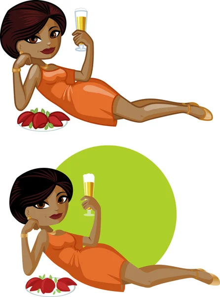 Cute young African American woman in cocktail dress with beer and salad — Stock Vector