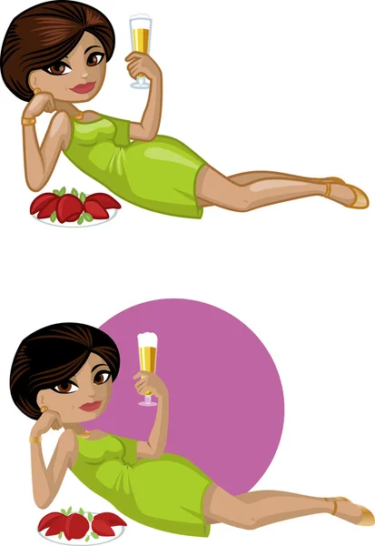 Cute young Indonesian woman in cocktail dress with beer and salad — Stock Vector