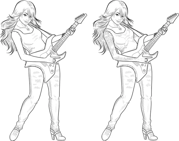 Rock star guitarrista chica lineart — Archivo Imágenes Vectoriales