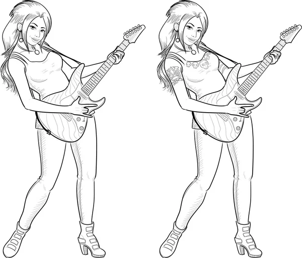 Rock sterren gitarist Indonesische meisje lineart — Stockvector