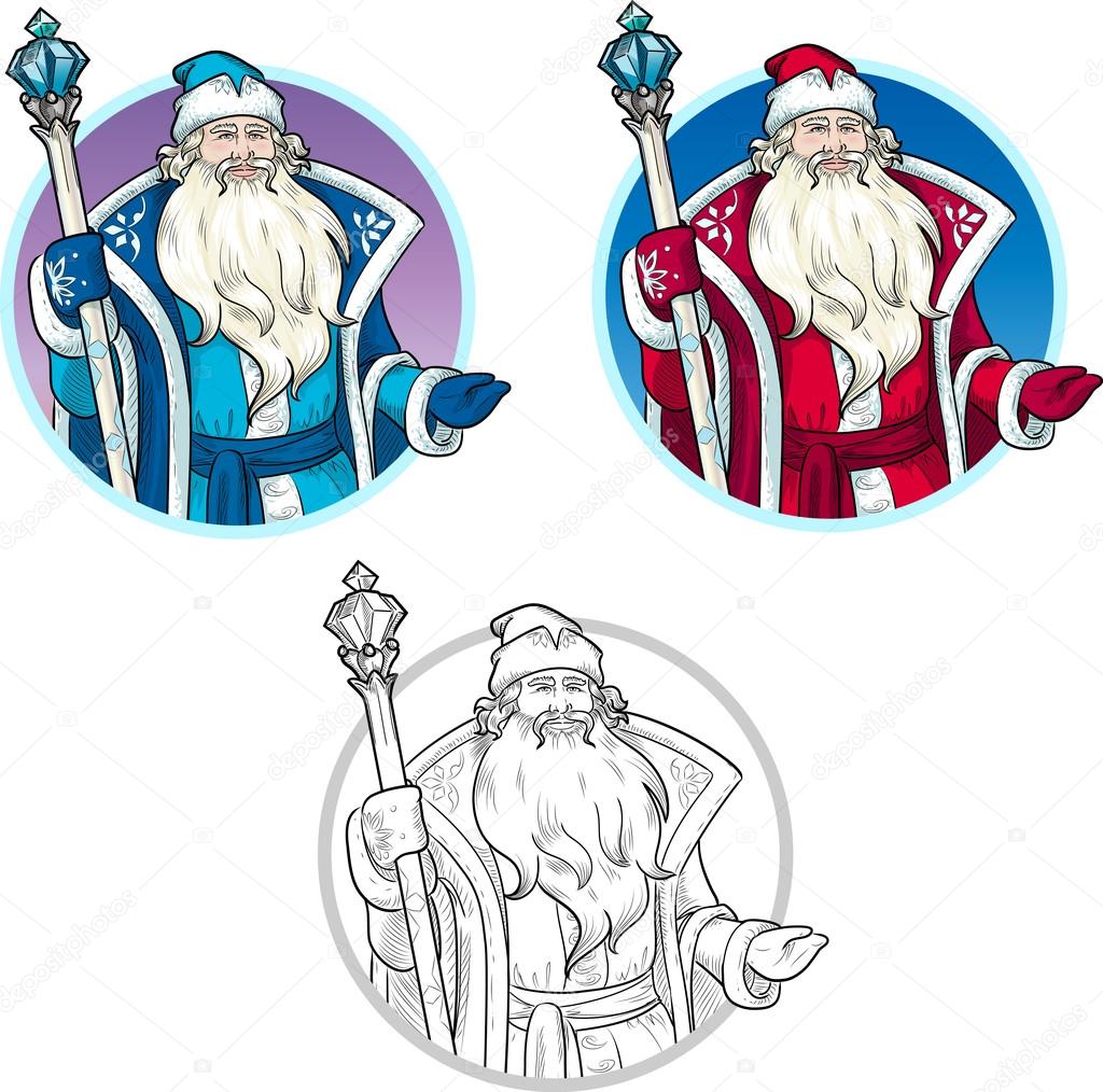 Russian Christmas Character Father Frost lineart and colored drawings set